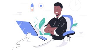 Happy african american businessman crossing hands using computer and smartphone. Concept black man character employee with modern digital technology in office. Vector illustration.