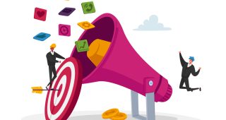 Digital Marketing, Public Relations and Affairs, Communication. Pr Agency Tiny Characters Team Work with Huge Megaphone. Alert Advertising, Social Media Promotion. Cartoon People Vector Illustration