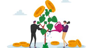 Business Man and Woman Characters Watering Money Tree, Growing Wealth Capital for Refund Care of Plant with Gold Coins on Branch. Roi, Return on Investment Concept. Cartoon People Vector Illustration